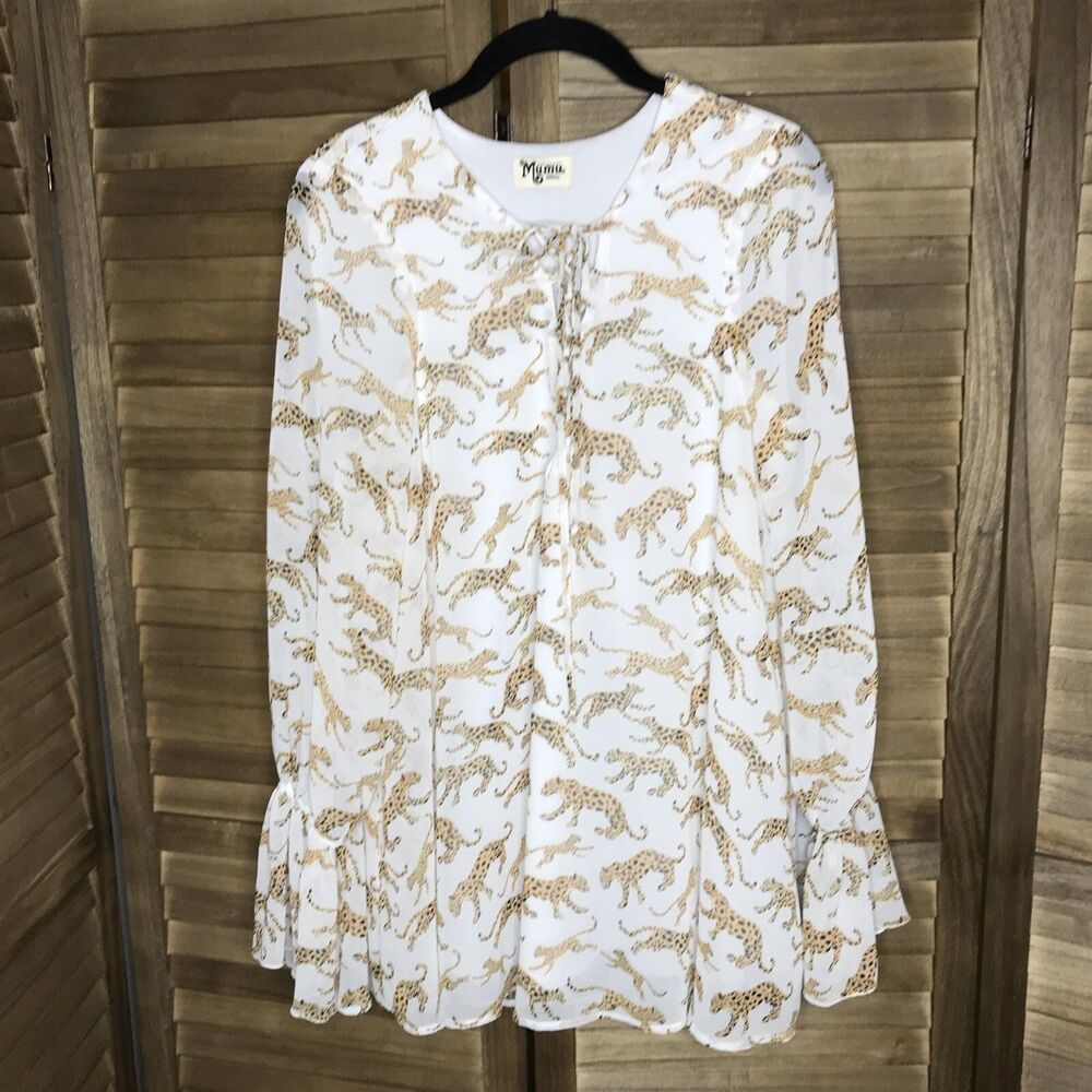 Show Me Your Mumu Womens Blouse Small Cheetah Leopard Print Bell Sleeve Tie Neck